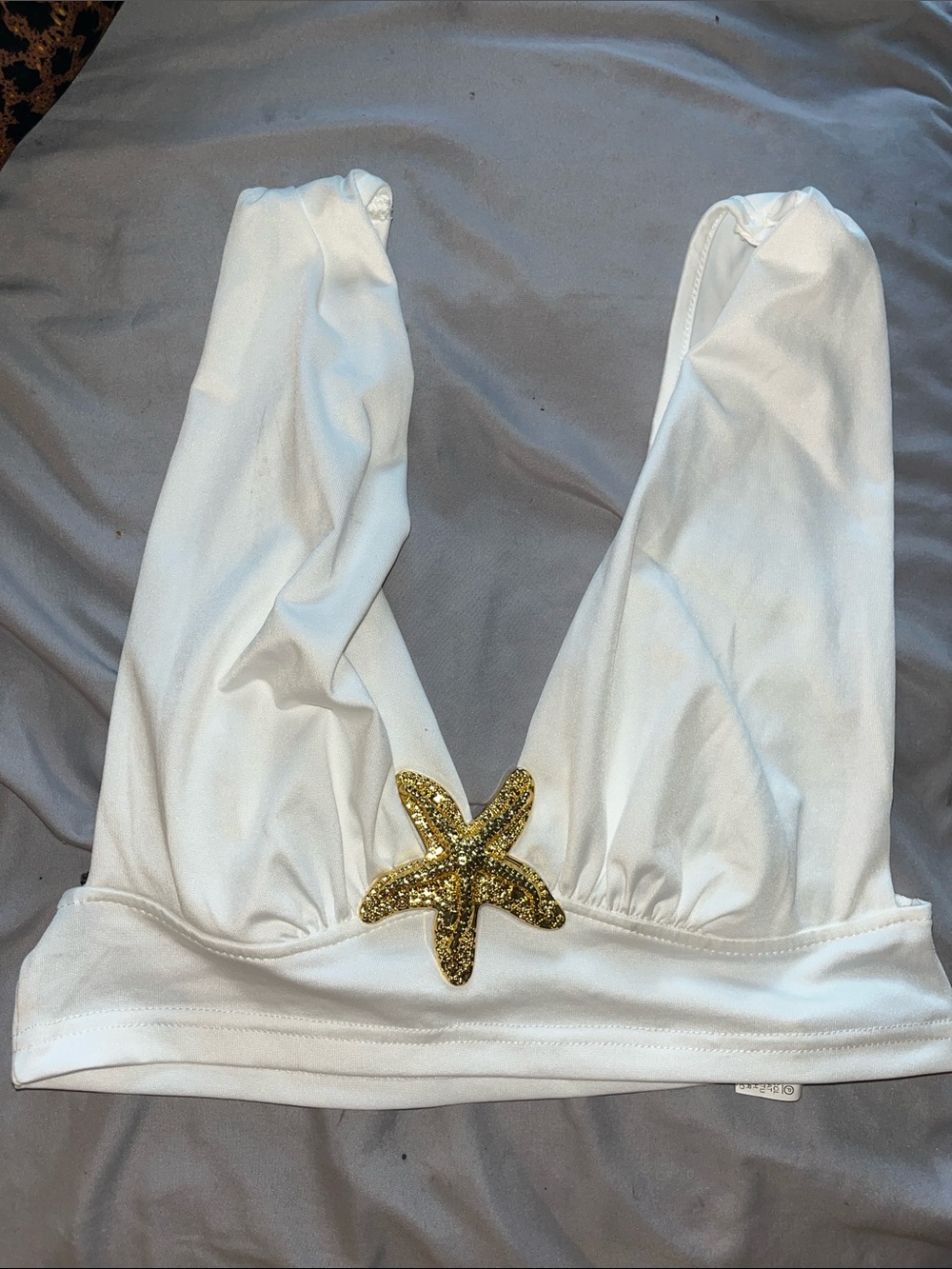 White V-Neck Bikini Top with Gold Starfish Accent